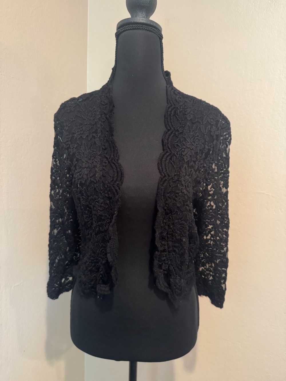 Connected Apparel Black Lace Open-Front Cardigan 3/4 Sleeves